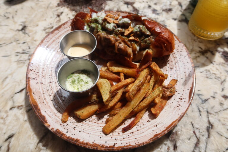 Pan brioche al estilo hotdog con puyazo y papas fritas